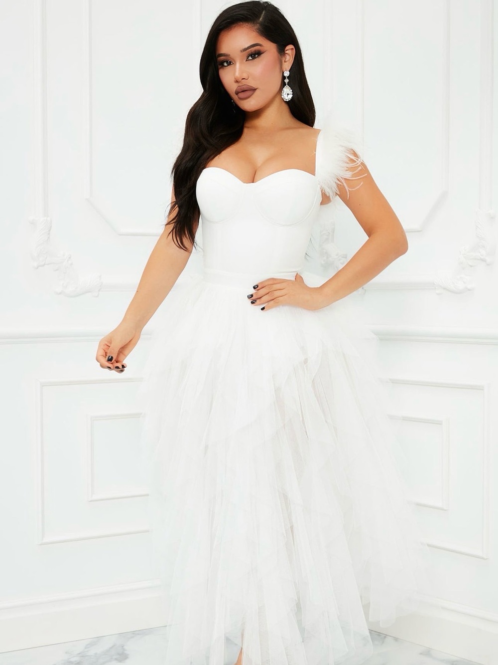 Fashion Nova White Feather-Trim Tulle Maxi Gown